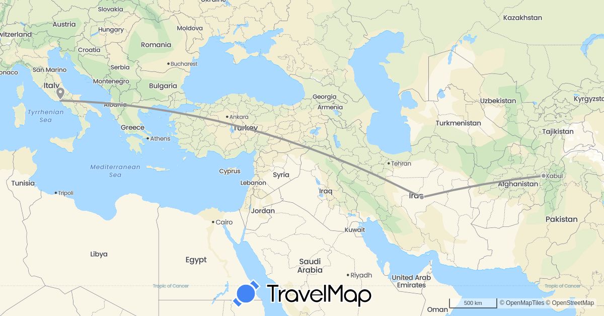 TravelMap itinerary: driving, plane in Afghanistan, Iran, Italy (Asia, Europe)